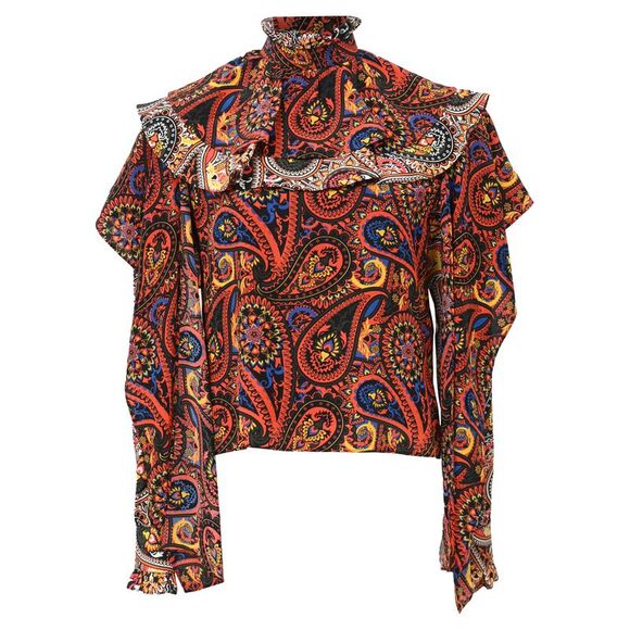 JW Anderson High-Neck Long-Sleeve Paisley-Print in Multicolor Silk